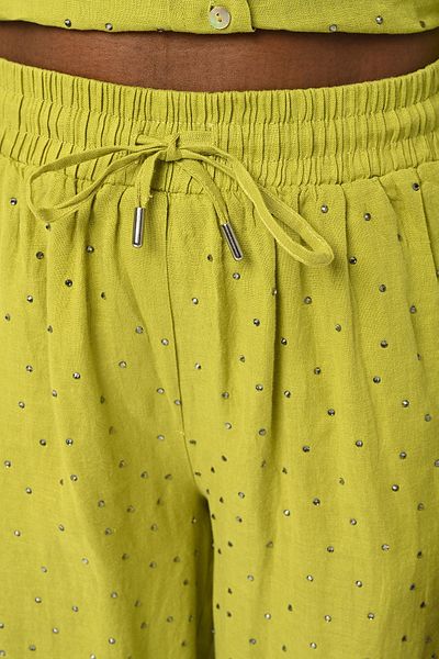 Orfeo Negro Stone Embroidered and Wide Leg Linen Women's Trousers - Elastic Waist