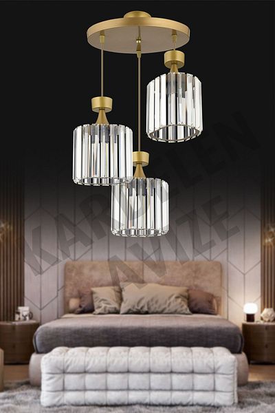 SONSUZ AYDINLATMA&AVİZE Luxury Chandelier - 3-Piece Antique, Pendant Lamp Crystal and Stone Detailed Downward Facing