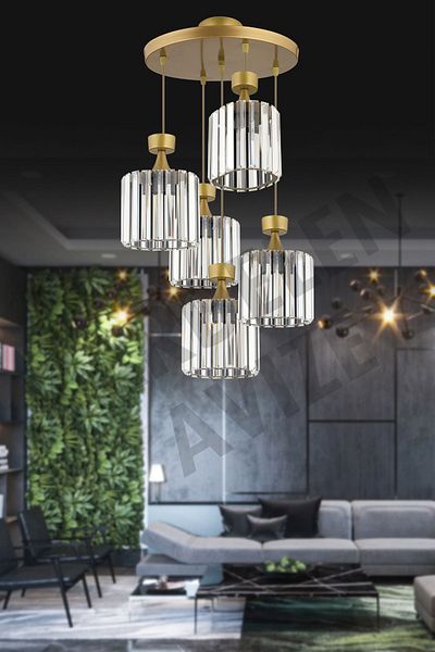 SONSUZ AYDINLATMA&AVİZE 5-Piece Antique Pendant Lamp with Crystal Stone Facing - Luxury Chandelier