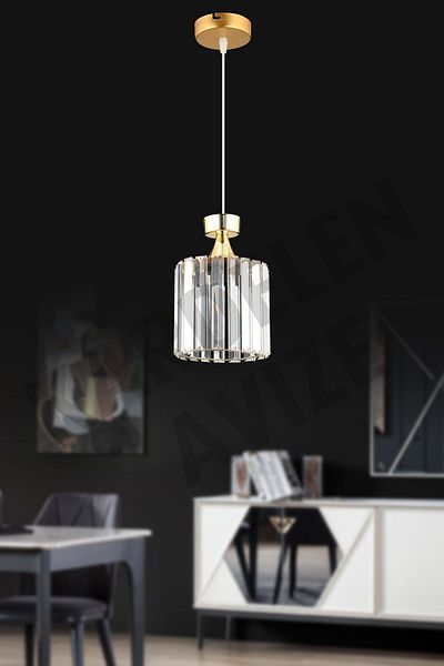 SONSUZ AYDINLATMA&AVİZE Kardelen Gold Single Pendant Lamp Crystal Stone Downward Facing Luxury Chandelier