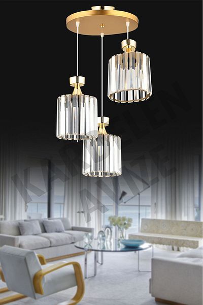 SONSUZ AYDINLATMA&AVİZE Kardelen Gold 3-Piece Pendant Lamp Crystal Stone Downward Facing Luxury Chandelier