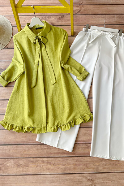 MODAQU Ölgrünes Set aus Tunika und Hose – Rüschendetails