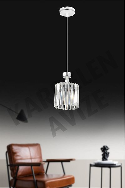 SONSUZ AYDINLATMA&AVİZE Luxury Chandelier - White Single, Chrome Strip and Crystal Stone Facing