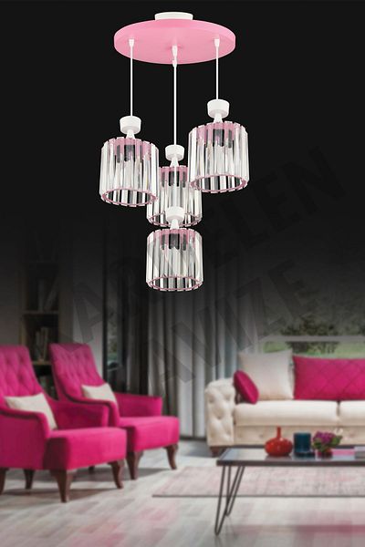 SONSUZ AYDINLATMA&AVİZE Luxury Chandelier - 4-Piece Pink Pendant Lamp with Crystal Stone Downward Facing