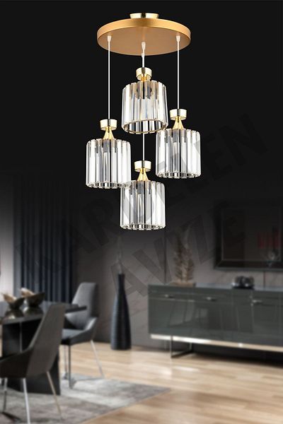SONSUZ AYDINLATMA&AVİZE 4-Piece Gold Pendant Lamp Crystal Stone Luxury Chandelier - Downward Facing