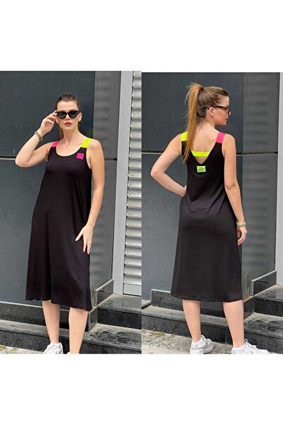 NUR TEKSTİL KADIN SİYAH VİSKON PAMULU PENYE KUMAŞ NEON DETAYLI ASKILI ELBİSE