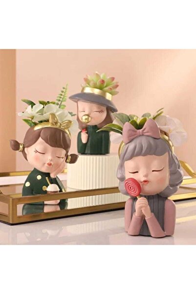FLORADA Avrupa Tarzı 3'lü Sevimli Kızlar Saksı Seti Sukulent, Kaktüs Yeni Model