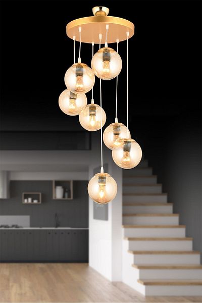 SONSUZ AYDINLATMA&AVİZE 7-Piece Smoked Globe Glass Luxury Chandelier - Endless Pendant Tray