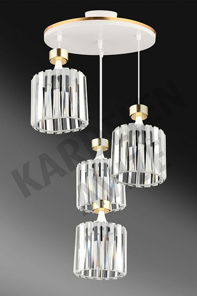 SONSUZ AYDINLATMA&AVİZE Luxury Chandelier - 4-Piece White Pendant Lamp, Yellow Stripe and Crystal Stone Downward Facing