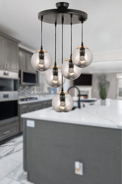 SONSUZ AYDINLATMA&AVİZE Black Infinite Pendant Tray - 5-Piece Smoked Glop Ball, Glass Downward Facing Luxury Chandelier