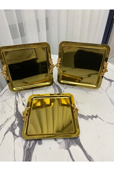 Mira züccaciye Lüx Kare 3'lü Kalın Kulplu Gold Kaplama Model Çay,kahve,ikram Servis Sunum Tepsisi 21x21 Cm