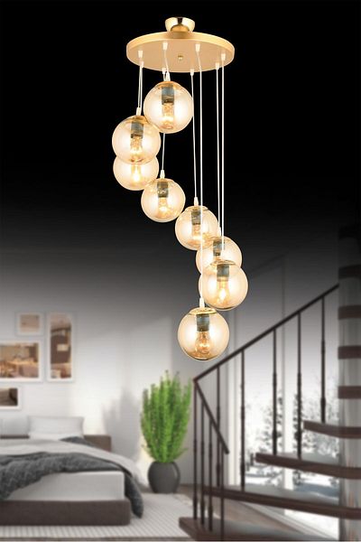 SONSUZ AYDINLATMA&AVİZE Gold 8-Piece Infinite Pendant Lamp Tray - Luxury Chandelier with Honey Globe Glass