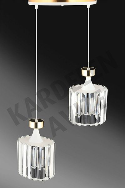 SONSUZ AYDINLATMA&AVİZE Luxury Chandelier - White 2-Piece Pendant Lamp, Yellow Stripe and Crystal Stone Downward Facing