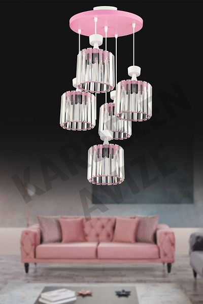 SONSUZ AYDINLATMA&AVİZE 5-Piece Pink Pendant Lamp Crystal Stone Luxury Chandelier - Downward Facing