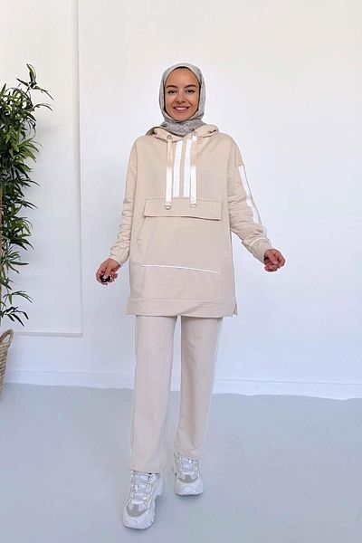 Ka Hijab Beige Kangaroo Two Thread Set with Pocket Stripe
