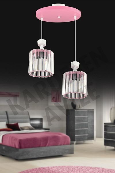 SONSUZ AYDINLATMA&AVİZE 2-Piece Pink Pendant Lamp with Stone Crystal Downward Facing - Luxury Chandelier