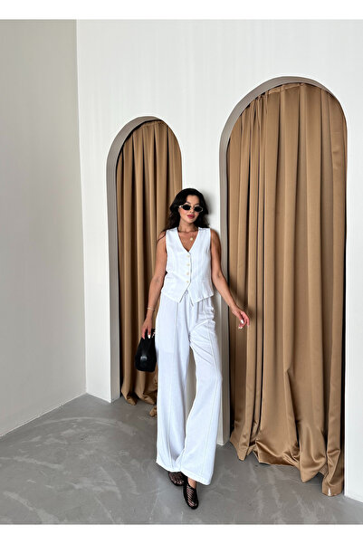 Laluvia Σετ 100% βαμβακερό λινό λευκό γιλέκο και παντελόνι