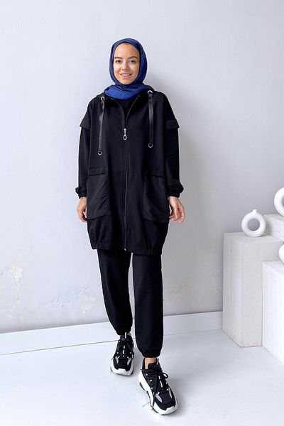 Ka Hijab Black Pocket Detailed Suit Set