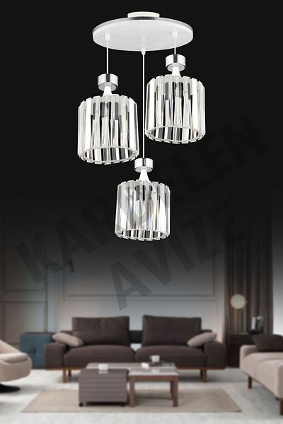 SONSUZ AYDINLATMA&AVİZE Luxury Chandelier - 3-Piece White Chrome Strip and Stone Pendant Lamp Crystal Downward Facing Set