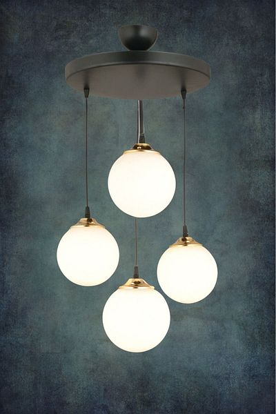 SONSUZ AYDINLATMA&AVİZE Black Infinite Pendant Tray - 4-Piece White Globe Ball, Glass Flat Downward Facing Luxury Chandelier
