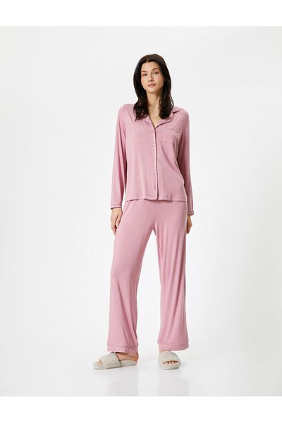 Koton Buttoned Pajama Set Long Sleeve Pocket Straight Leg