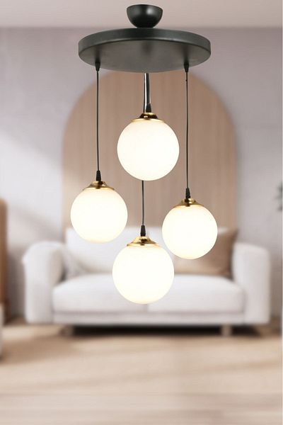 SONSUZ AYDINLATMA&AVİZE Black Infinite Pendant Tray - 4-Piece White Globe Ball, Glass Flat Downward Facing Luxury Chandelier