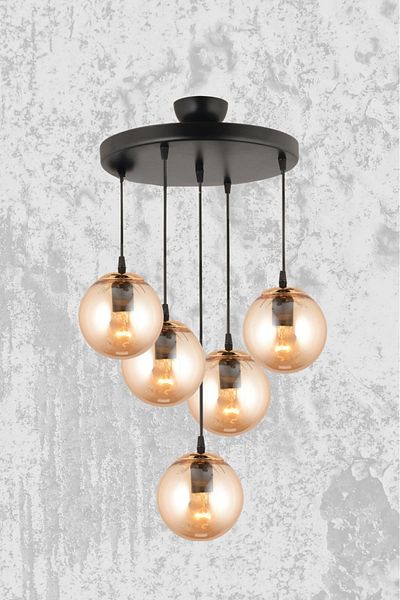 SONSUZ AYDINLATMA&AVİZE Black Infinite Pendant Tray - 5-Piece Globe Ball Glass, Downward Facing Luxury Chandelier