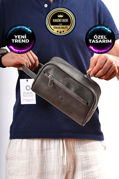 CüzCan Jacks Antrasit Hakiki Deri El Tutmalı Günlük-Seyahat-Spor-Traş Çantası