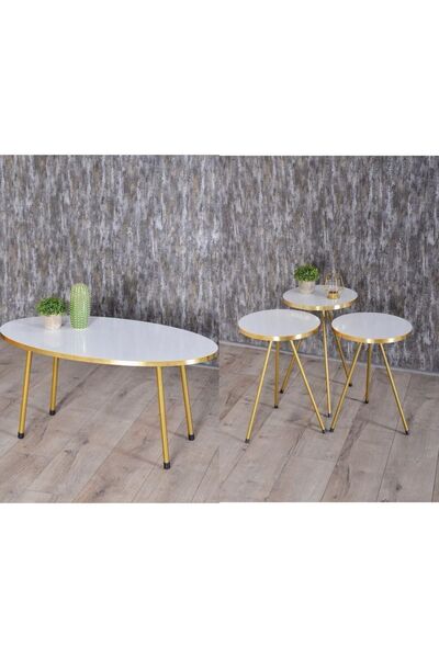 GOLDFALEZ Zigon Sehpa Ve Orta Sehpa Elips Set  Altın Metal Ayak Altın Beyaz