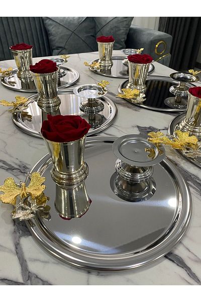 NEWTREND Züccaciye 6-Piece Silver Colored Steel Butterfly Round Presentation Tray - Rose Bucket and Macaron Holder