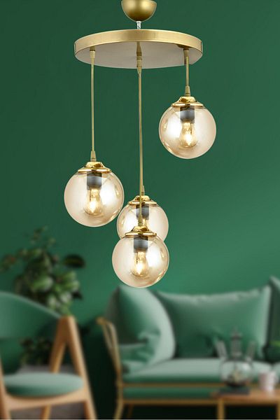 SONSUZ AYDINLATMA&AVİZE 4-Piece Antique Endless Pendant Lamp Tray - Honey Glop Ball Glass, Flat Downward Facing Luxury Chandelier