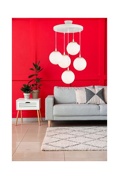 SONSUZ AYDINLATMA&AVİZE 5-Piece White Globe Ball Glass Endless Pendant Tray - Flat Downward Facing Luxury Chandelier