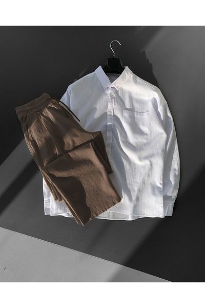 NO1 KONSEPT Σετ παντελόνι Oversize Λευκό Πουκάμισο Καφέ