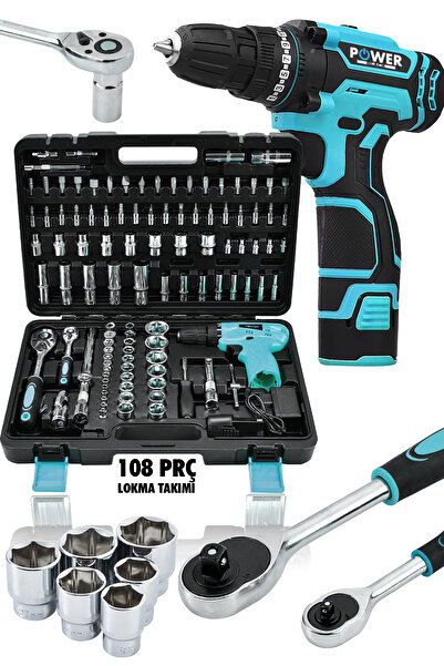POWER BLACK Korumalı Çelik Şanzuman ŞARJLI Matkap 108 Pcs Crv Çeliği Profesyo...