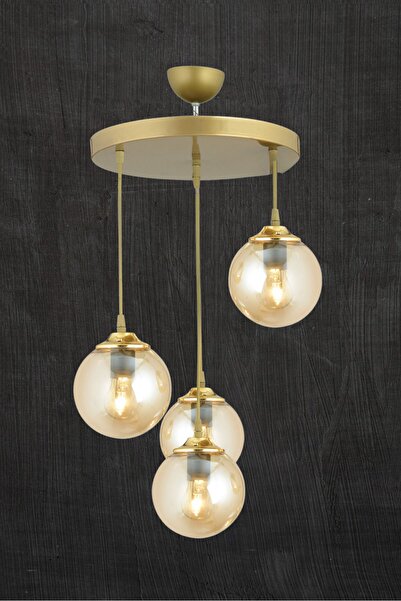 SONSUZ AYDINLATMA&AVİZE Sonsuz Sarkıt Tepsi Eskitme  4'lü Bal Glop Top Camlı  Düz Aşağı Bakan Lüks Avize