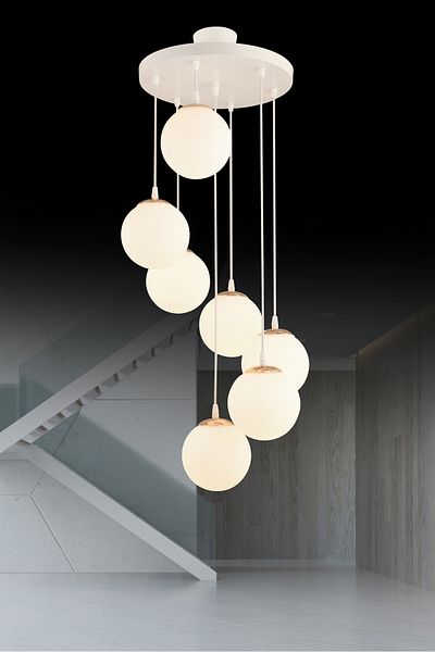 Kraliçe 7-Piece White Globe Glass Luxury Chandelier - Straight Downward Facing Pendant Lamp Tray