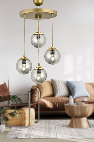 SONSUZ AYDINLATMA&AVİZE 4-Piece Smoked Glop Ball Glass - Endless Pendant Tray Antique Flat Downward Facing Luxury Chandelier