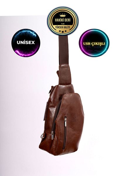 CüzCan Unisex Καφέ Γνήσιο Δερμάτινο Σταυρό Badybag - Τσάντα ώμου και στήθους με έξοδο USB