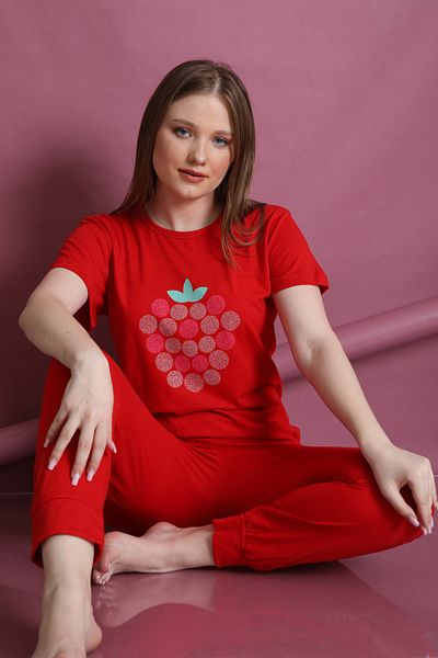 FAMES PİJAMA Summer Strawberry Patterned Women's Pajamas Set