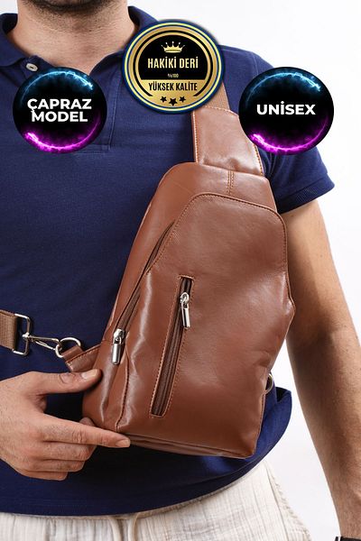CüzCan Tan Unisex Γνήσιο Δερμάτινο Σταυρό Badybag - Τσάντα ώμου και στήθους με έξοδο USB