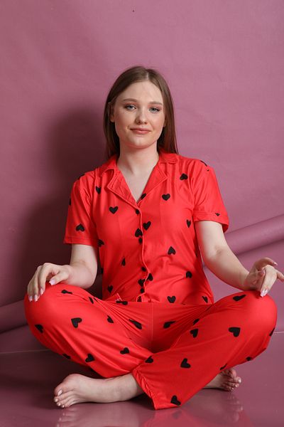 FAMES PİJAMA Lycra and Patterned Women's Pajama Set - Buttoned