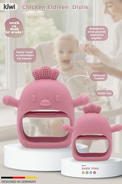 Kiwi Chicken Bebek Diş Kaşıyıcı Emzik Uçlu Eldiven Şeklinde Oyuncak Dişlik, Dark Pink Renk
