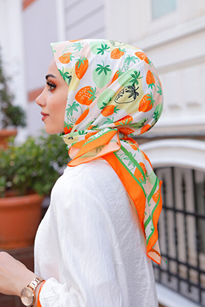 KUQOS Çilek Desenli Eşarp- Meyve Desen Turuncu