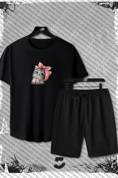 PAWWY Set tricou și pantaloni scurți cu imprimeu pisică drăguță - COPIE