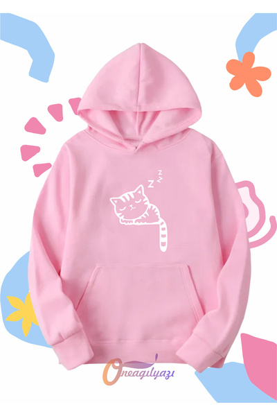 oneagılyazı Kids Unisex Sleeping Cat Printed Oversize Hooded Sweatshirt