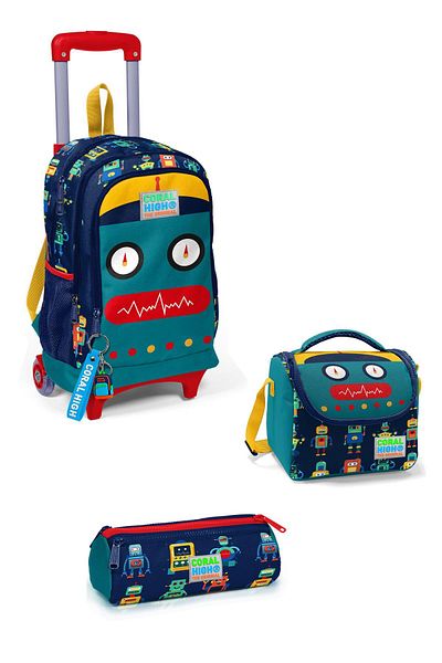 Coral High Rucsac de școală cu model robot Civit bleumarin cu racletă - Set de 3 3SET23380
