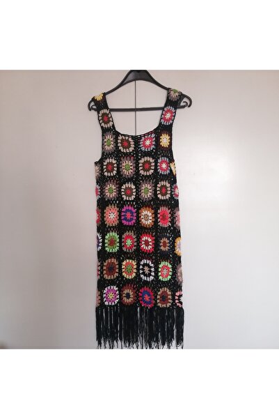 Butik Tülin Otantik akrilik tığ el örgü çok renkli desenli püsküllü delikli a...