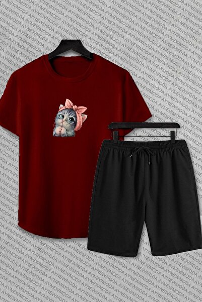 PAWWY Set tricou și pantaloni scurți cu imprimeu pisică drăguță - COPIE