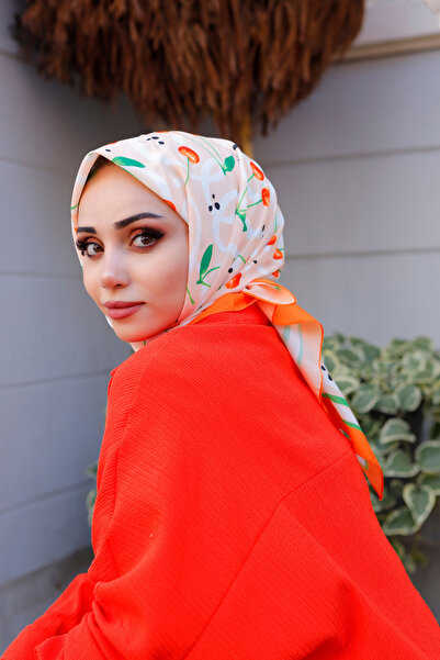 KUQOS Kiraz Desenli Eşarp- Meyve Desen Turuncu