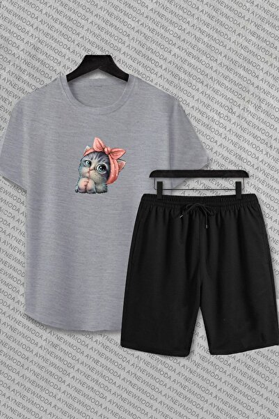 PAWWY Set tricou și pantaloni scurți cu imprimeu pisică drăguță - COPIE